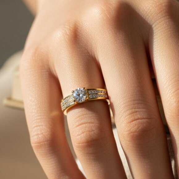 3/$35 18K Gold Plated Band Ring Round Cut Cubic Zirconia CZ Stainless Steel Gift - Picture 4 of 7